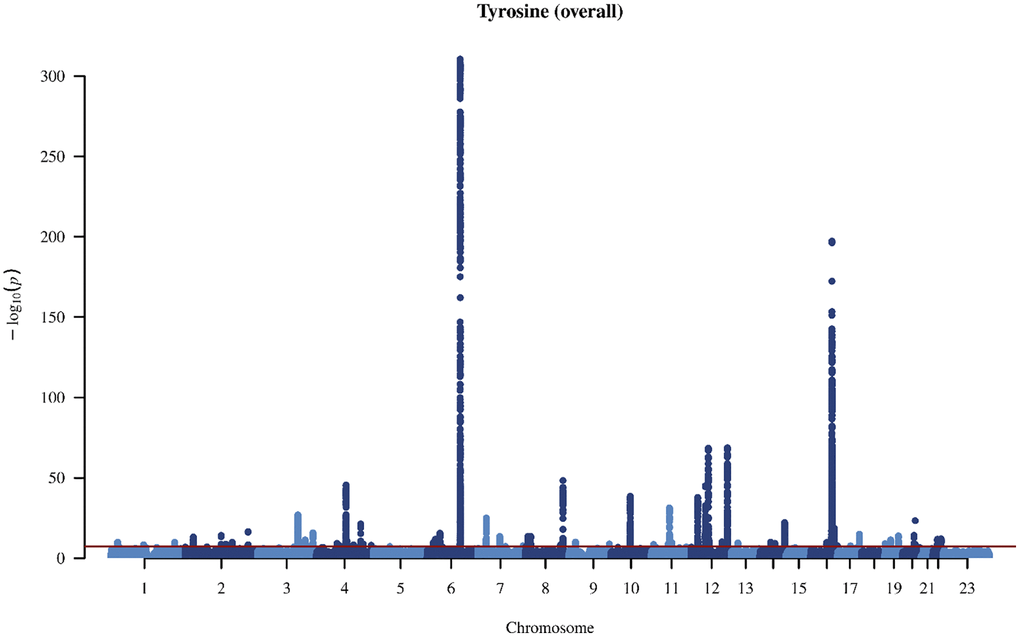 Manhattan plot on the genome-wide association study of tyrosine in overall people.