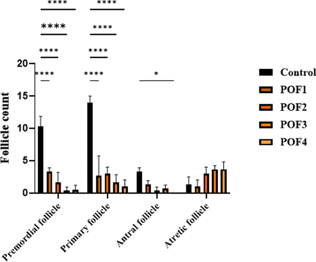 Three weeks post-induction, follicle counts were analyzed in CTX/Bu-treated mice, using Cyclophosphamide (CTX: 80, 100, 120, 120 mg/kg) in combination with Busulfan (Bu: 15, 20, 12, 30 mg/kg). This design enabled dose-dependent assessment of ovarian follicular depletion in the POF mode.