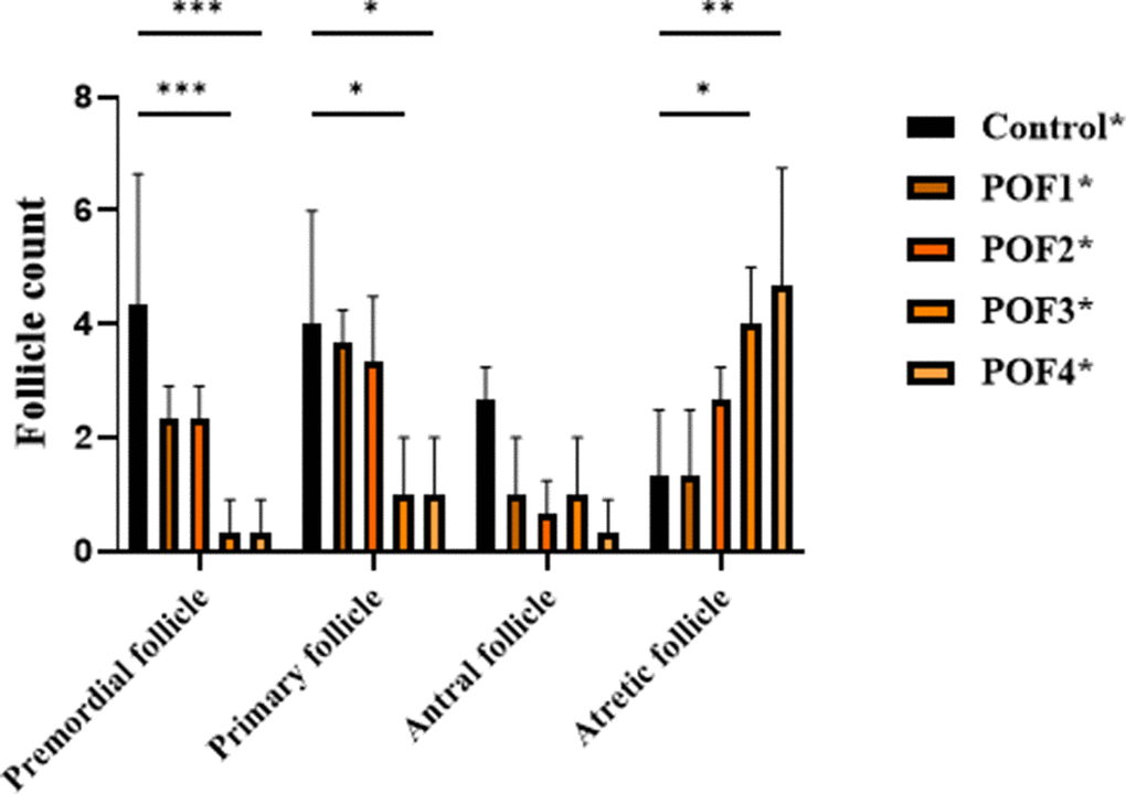4 weeks post-induction, follicle counts were analyzed in CTX/Bu-treated mice, using Cyclophosphamide (CTX: 80, 100, 120, 120 mg/kg) in combination with Busulfan (Bu: 15, 20, 12, 30 mg/kg). This design enabled dose-dependent assessment of ovarian follicular depletion in the POF model.