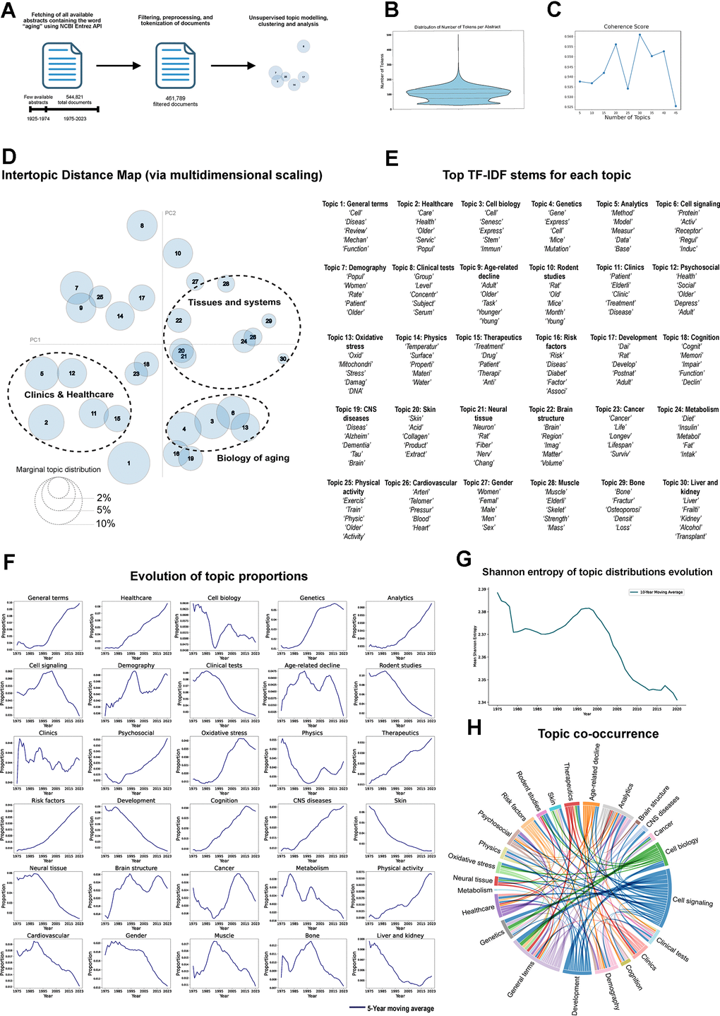 Topic modeling of aging related abstracts. (A) Workflow. (B) Distribution of number of words per abstract. (C) Coherence score of different number of topics using LDA topic modeling. (D) Intertopic Distance Map (PCA) of topics identified through LDA, distance between bubbles corresponds to the similarity between topics and the size represents the proportion of each topic within the corpus. (E) Top differential stems of each topic based on TF-IDF scoring. (F) Evolution of topic distributions along the whole corpus, each line represents the 5-year moving average of each topic proportions (1975-2023). (G) Shannon entropy evolution of topics distribution (1980-2023). (H) Chord diagram illustrating the co-occurrence of topics in the document corpus. The width of each chord is proportional to the co-occurrence magnitude.