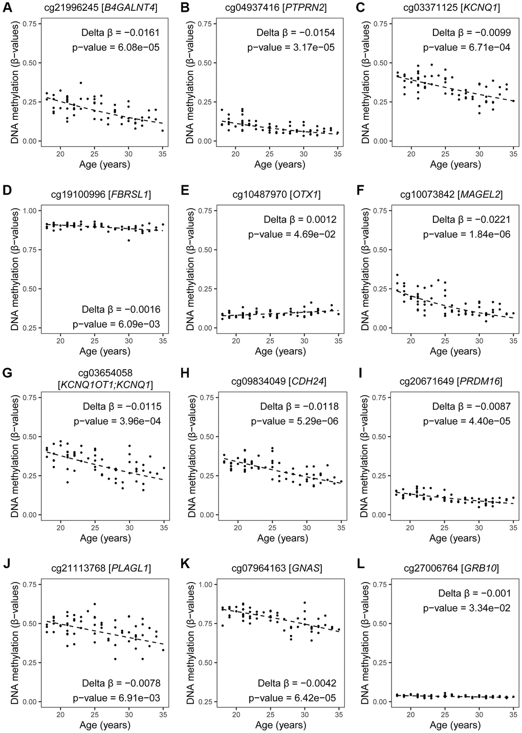 DNA methylation by age at CpGs linked to imprinted genes and related to ASD. Estimates of DNA methylation in β-values by age of CpG sites mapped to our selected list of ASD-related imprinted genes (with exception of CpGs mapped to DLGAP2, which are shown in Figure 8). Fitted regression lines are shown. Our regression models included potential confounding factors (BMI and patient status), and we corrected for multiple testing (BH-method). (A–E) maternally expressed genes; (F–J) paternally expressed genes; (K, L) isoform dependent transcribed gene. If more than one CpG site per gene was significant, the one with the lowest p-value is shown.